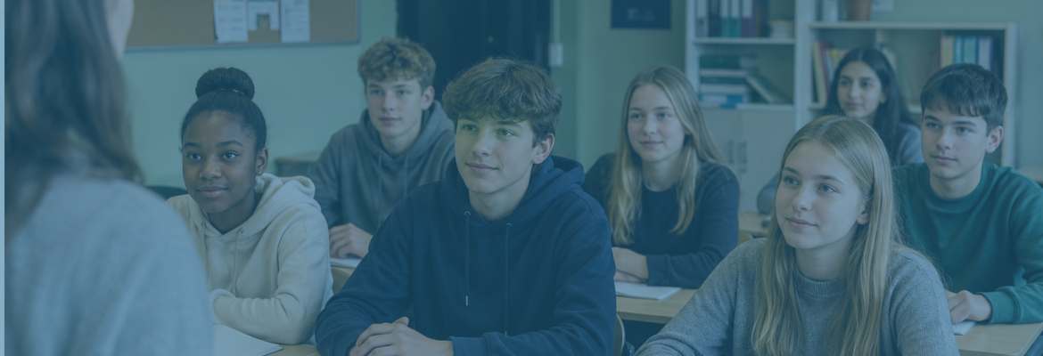 Aandachtige middelbare scholieren luisteren rustig naar de docent in de klas
