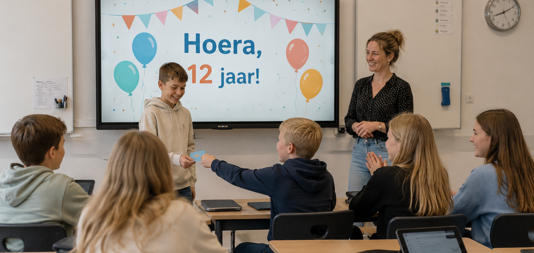 Leerling van 12 jaar viert zijn verjaardag in de klas met klasgenoten en docent.