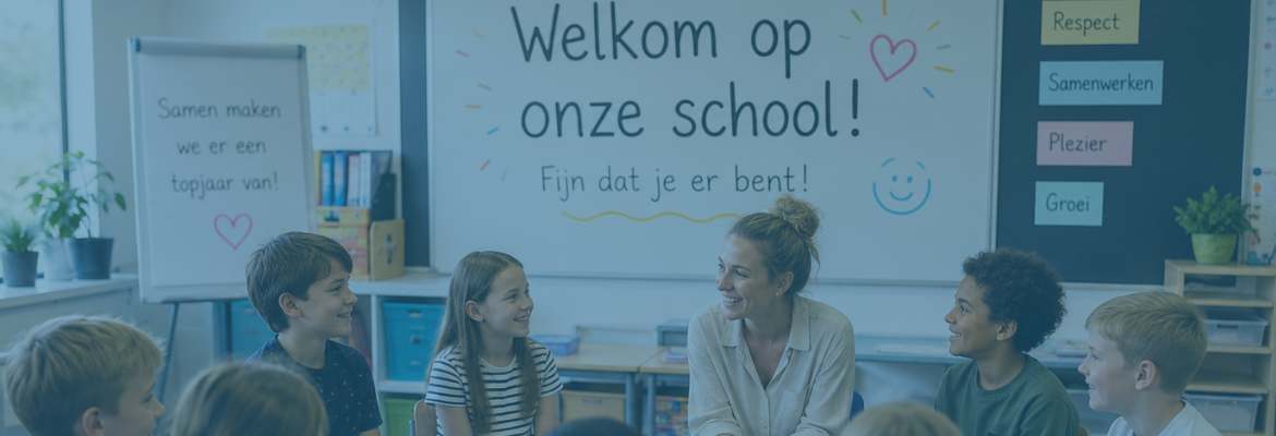 Leerlingen en docent tijdens een welkomdag op school met een kennismakingsactiviteit in de klas.